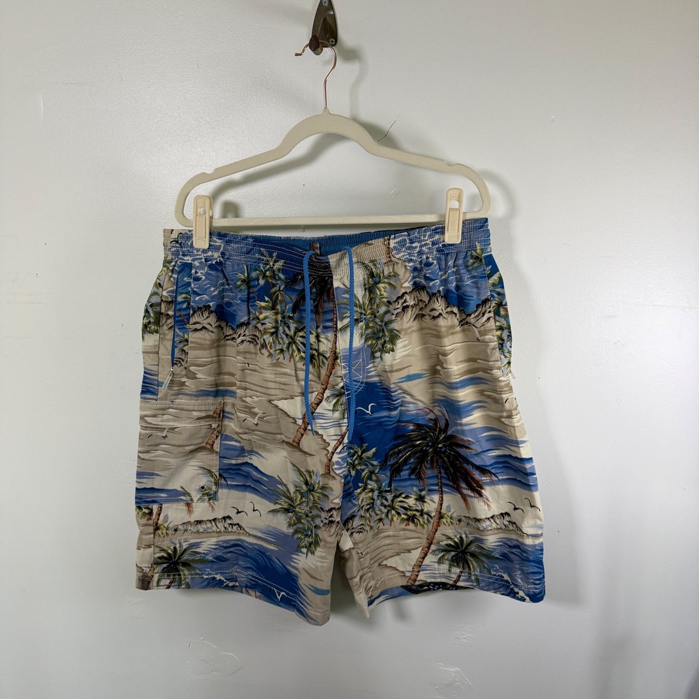 Tori Richard Board Shorts XL Blue‎ Tan Hawaiian Palm Tree Swim Trunks Mens
